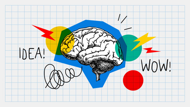 Trendy collage of sketch brain with doodles. Education, university, school, psychology, mental health, coaching, e-learning, wellness concept. Hand drawn vector illustration.