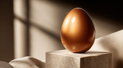 Luxurious golden Easter egg on 3D marble podium. Beige background with rays of sunlight.
