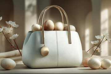 Luxurious white bag made of pastel leather filled with delicate Easter eggs. Concept of high fashion aesthetics.