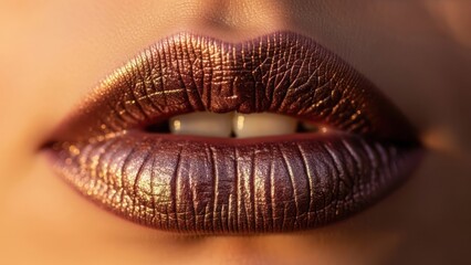 Fototapeta premium Close-up of richly pigmented lips, metallic finish, showcasing textures & dental details