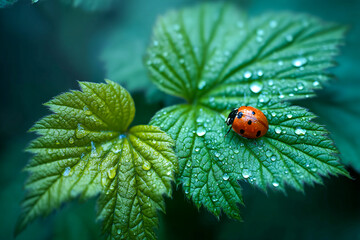 Fototapeta premium Vibrant green leaves adorned with dew droplets and a ladybug resting peacefully Generative AI