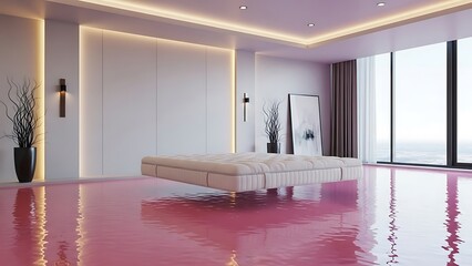 Indulge in the ultimate floating bed aesthetic with this luxurious modern bedroom concept featuring a serene pink water feature