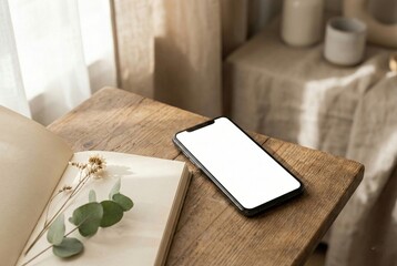 Fototapeta premium Smartphone mockup with blank screen on wooden table