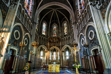Interior of the Basilica in the Sanctuary of Lourdes, France. Mayor pilgrimage spot for Catholics