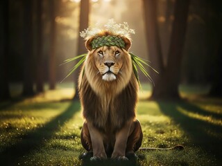 Majestic Male Lion Sitting in a Sunlit Forest Wearing an Ornamental Green Leaf Crown