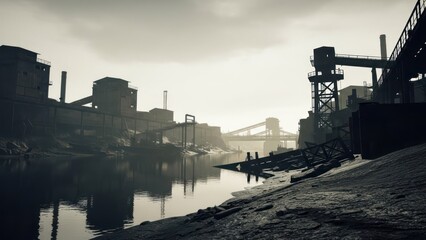 Industrial landscape with factories lining a river under a gloomy sky; monochrome tones