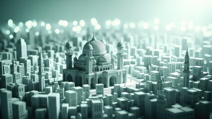 Obraz premium Miniature mosque dominates a city model in soft teal light, creating a serene, architectural scene