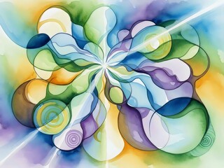 Vibrant Fluid Abstract Watercolor Background with Organic Flowing Shapes and Glowing Center