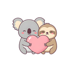 Fototapeta premium Cute koala and sloth holding heart illustration on transparent background