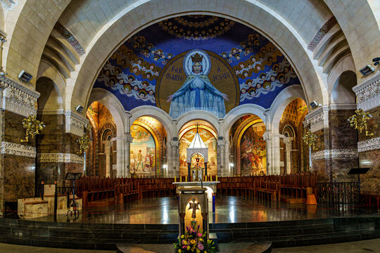 Interior of the Basilica in the Sanctuary of Lourdes, France. Mayor pilgrimage spot for Catholics