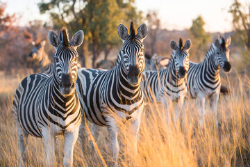 Fototapeta premium Zebras grazing in a golden field during sunset in a tranquil landscape Generative AI