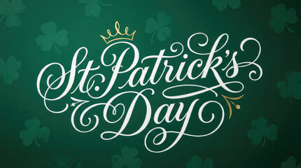 St patricks day text with decorative swirls and flourishes in white against a green backdrop for a festive design