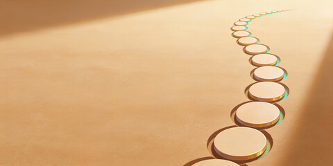 Milestone roadmap path of gold tokens on warm sand with teal shimmer, business progress strategy background with copyspace