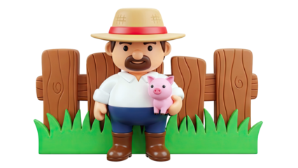 Cartoon Farmer Holding a Pig in Front of a Wooden Fence