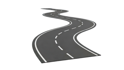 Curving Asphalt Road with White Stripes on White Background