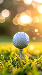 A white golf ball on a tee surrounded by vibrant green grass, bathed in warm, soft golden sunset light