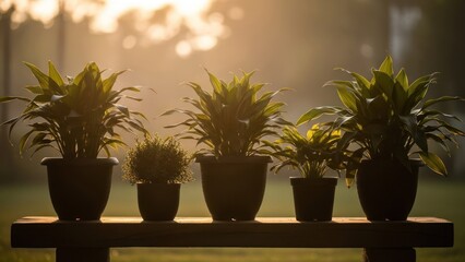 Silhouette of potted plants arranged on a wooden surface against a blurry, sunlit background