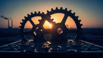 Silhouetted gears atop a circuit board at sunset, industrial buildings in the distance
