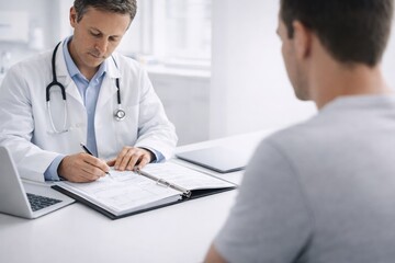 Photorealistic medical scene with male doctor writing notes on paper chart during patient consultation calm professional interaction in clean clinical office with soft daylight