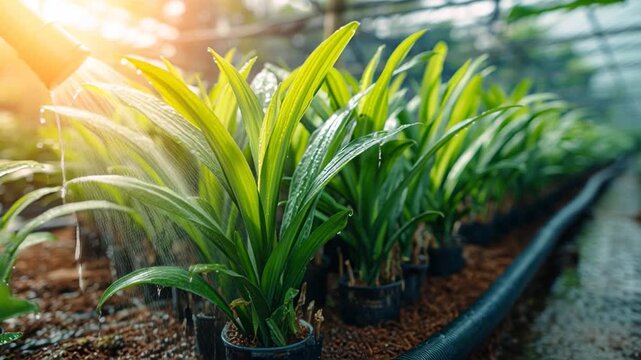 Rows of young vibrant plants in pots inside a greenhouse with sunlight shining through