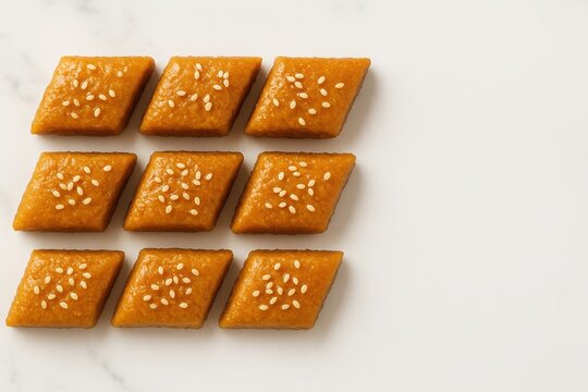 Rectangular makroud pastries with honey glaze and sesame seeds on white marble background, traditional North African dessert, minimal style, top view, authentic sweet, clean background, space for text