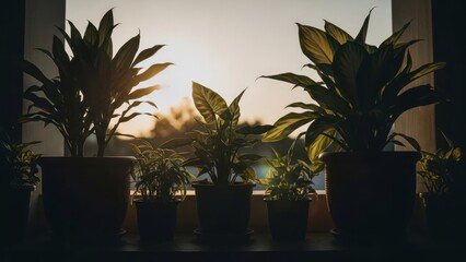Window view showcasing potted plants silhouetted by warm sunlight. Background of a sunset