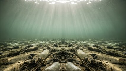 Underwater scene of plastic bottles littering the ocean floor, with sunlight filtering down