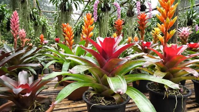 Vibrant potted bromeliads with colorful red, orange, pink flowers and hanging plants in a greenhouse