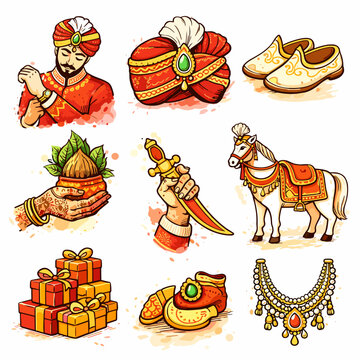 Indian Groom Wedding Accessories Vector Set. Traditional Hindu Marriage Symbols. Hand Drawn Sherwani, Turban, Kirpan Sword, and Horse. Cultural Ceremony Clipart Illustration.