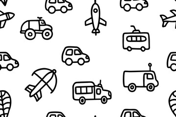 Seamless black and white doodle pattern of various vehicles including cars, buses, rockets, and airplanes