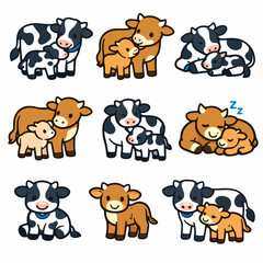 Obraz premium Cute Cow and Calf Vector Clipart Set. Mother and Baby Animal Bonding Mascot Character. Adorable Farm Animal Family Cuddling and Sleeping. Kawaii Nursery Decoration and Sticker.