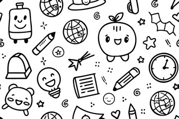 Seamless black and white doodle pattern with educational and smiling characters