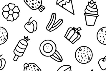 Seamless black and white doodle pattern with various food and flowers seamless pattern food flowers cupcake