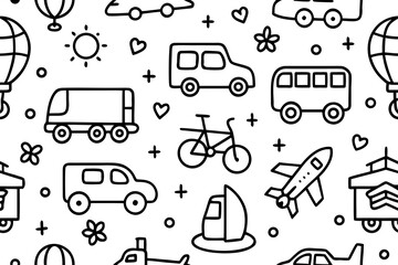 Seamless black and white doodle pattern with various vehicles and travel 1