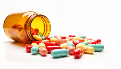 Colorful pill capsules spilling from a jar on a white background with copy space