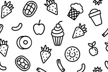 Seamless black and white food-themed doodle pattern with strawberries apples cupcakes and donuts strawberry