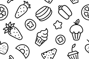Seamless black and white food-themed doodle pattern with fruits and desserts
