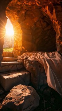 Bible Easter Resurrection The empty tomb of Jesus where the shrouds lie abandoned The sun rises