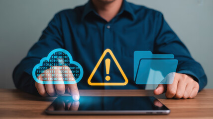 Professional man interacting with a tablet displaying conceptual digital icons for cloud data securi