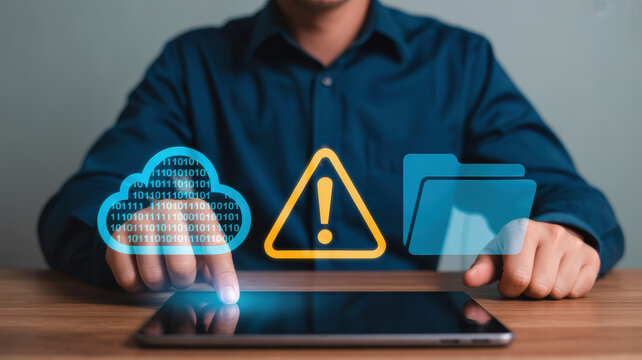 Professional man interacting with a tablet displaying conceptual digital icons for cloud data securi - Powered by Adobe