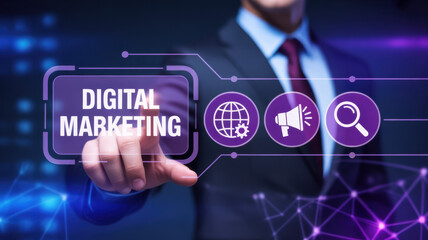 Businessman points at digital marketing interface with globe megaphone and magnifying glass icons