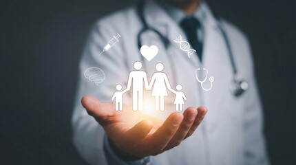 Doctor holding glowing family and medical icons symbolizing health and protectio