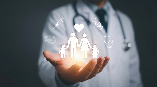 Doctor holding glowing family and medical icons symbolizing health and protectio - Powered by Adobe