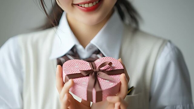 恥ずかしそうに視線を外してハートを持つ日本人女子学生