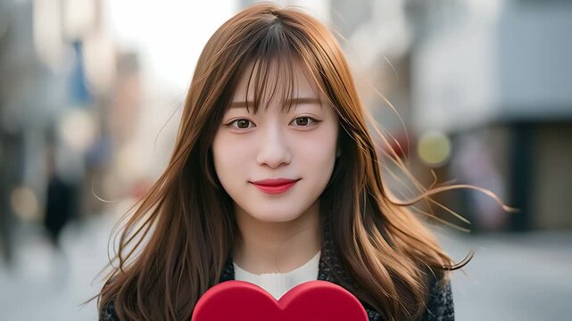 屋外で風を感じながらハートを持つ日本人の女子高生