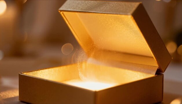 open gift box with golden glow inside perfect for valentine's day