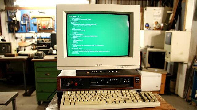 A vintage computer setup with a CRT monitor displaying text, keyboard, and server in a workshop