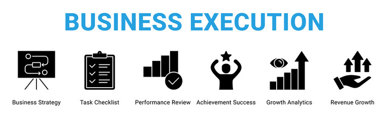 Fototapeta premium Business Execution web banner icon concept, with Business Strategy, Task Checklist, Performance Review, Achievement Success, Growth Analytics, Revenue Growth.