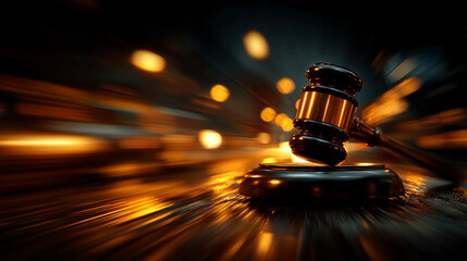 Breaking gavel motion blur scene showing action effect representing verdict justice system authority environment lighting