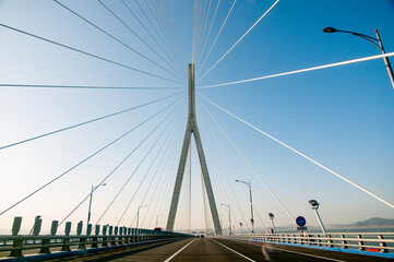 Fototapeta premium Majestic View of Incheon Bridge, the Longest Cable-Stayed Bridge in South Korea, over the Sea